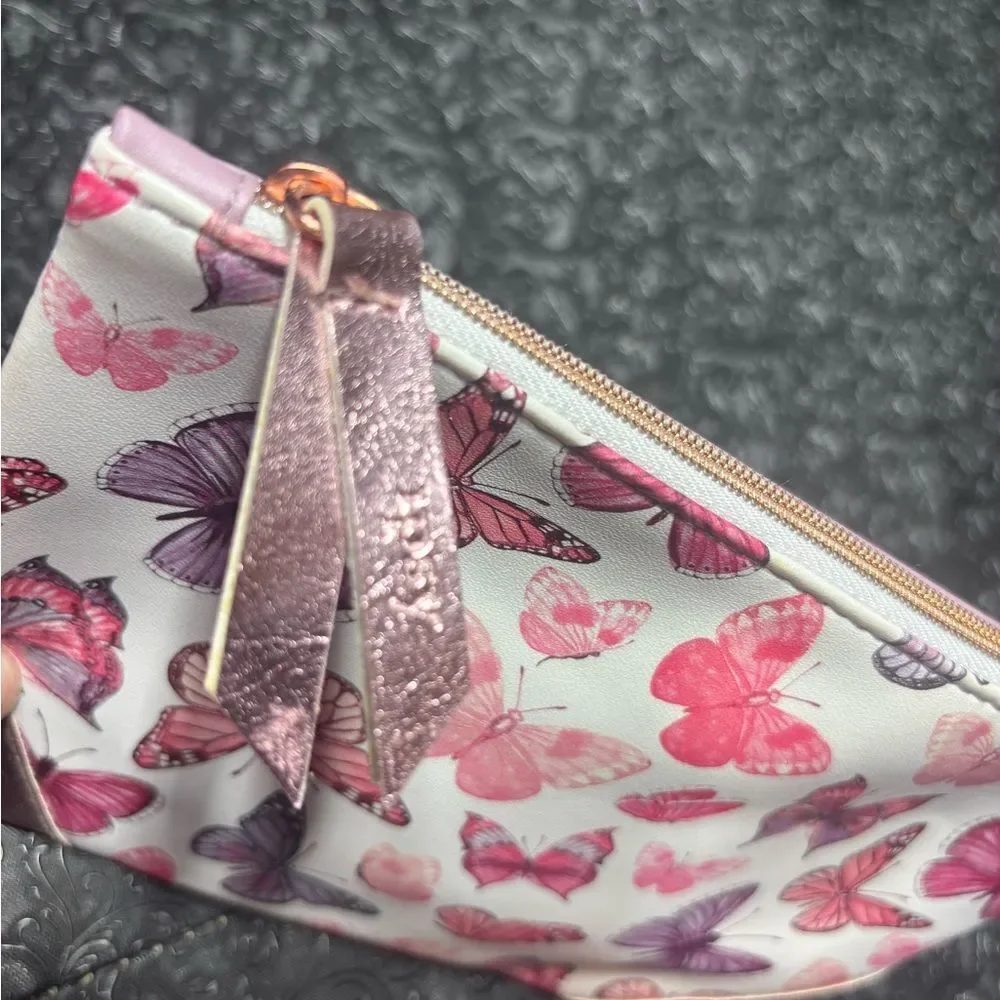 Ipsy Butterfly Print Pink & Purple Wristlet Pouch NWOT